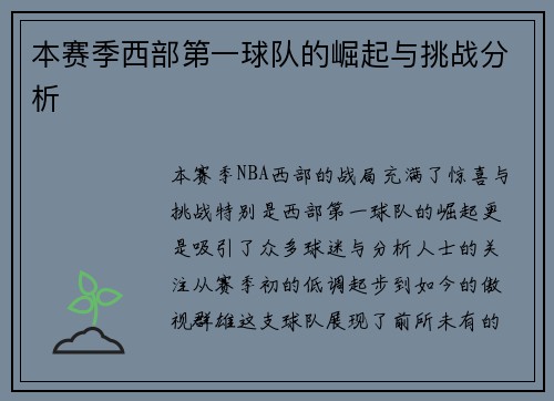 本赛季西部第一球队的崛起与挑战分析 