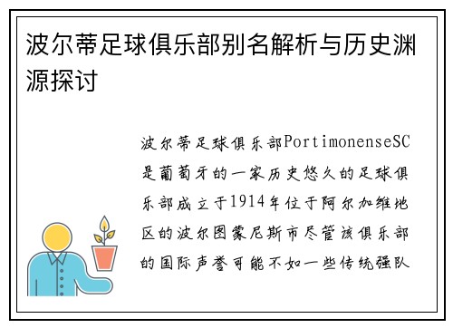 波尔蒂足球俱乐部别名解析与历史渊源探讨