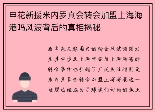 申花新援米内罗真会转会加盟上海海港吗风波背后的真相揭秘